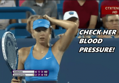 A Woman Holding A Tennis Racquet With The Words Check Her Blood Pressure GIF