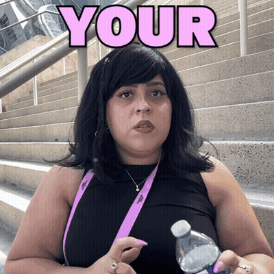 A Woman Holding A Water Bottle With The Word Your Above Her Head GIF