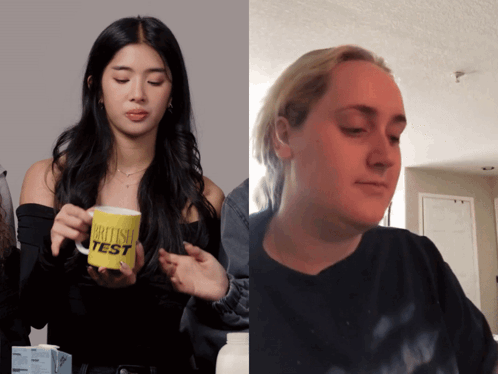 A Woman Holding A Yellow Mug That Says British Test On It GIF