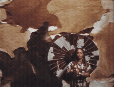 A Woman Holding An Umbrella In Front Of A Brown And White Cowhide GIF