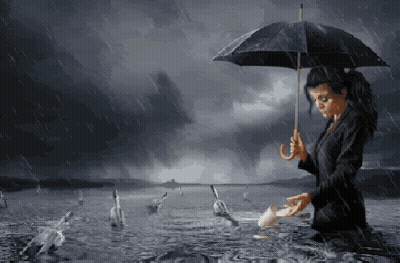 A Woman Holding An Umbrella Is Standing In The Rain GIF