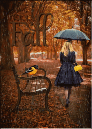 A Woman Holding An Umbrella Walks In The Rain With A Bird On A Bench GIF