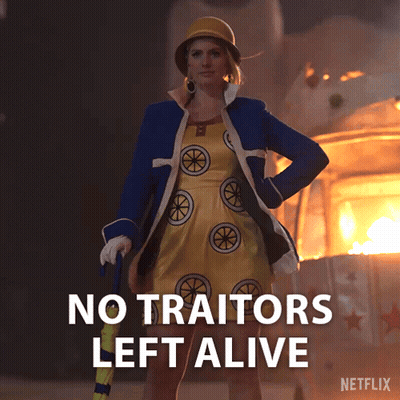 A Woman Holding An Umbrella With The Words " No Traitors Left Alive " On The Bottom GIF