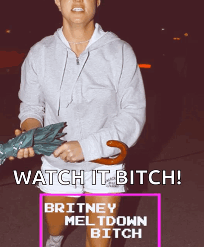 A Woman Holding An Umbrella With The Words Watch It Bitch On The Bottom GIF