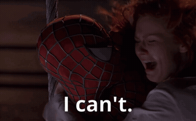 A Woman Hugging A Spider Man With The Words " I Can 'T " Written On The Bottom GIF