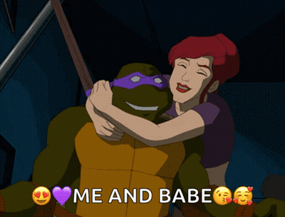 A Woman Hugging A Teenage Mutant Ninja Turtle With The Words Me And Babe Above Them GIF