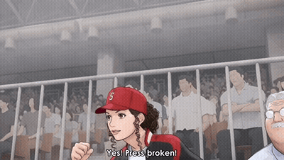 A Woman In A Baseball Cap With The Letter S On It Says Yes Press Broken GIF