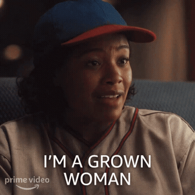 A Woman In A Baseball Uniform Says I 'M A Grown Woman On A Prime Video Ad GIF