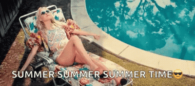 A Woman In A Bathing Suit Is Laying On A Lounge Chair By A Pool With The Words Summer Summer Summer Time Below Her GIF