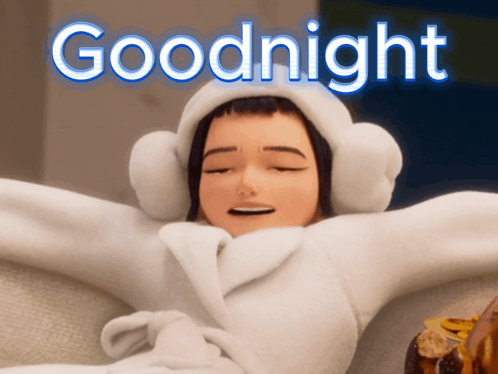 A Woman In A Bathrobe And Ear Muffs Is Laying On A Couch With The Words Goodnight Behind Her GIF