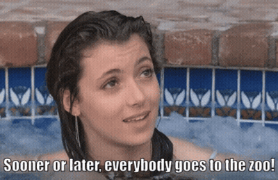 A Woman In A Bathtub With The Words Sooner Or Later Everybody Goes To The Zoo GIF