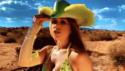 A Woman In A Bikini And A Cowboy Hat Stands In The Desert GIF