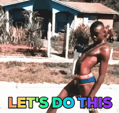 A Woman In A Bikini Is Dancing In Front Of A House With The Words Let 'S Do This On The Bottom GIF