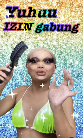 A Woman In A Bikini Is Holding A Brush With The Words Yuhuu Izin Gabung Written Above Her GIF