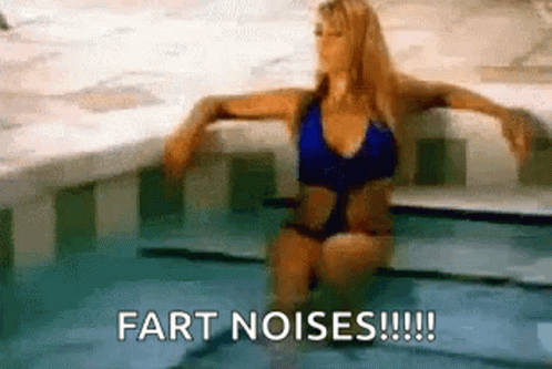 A Woman In A Bikini Is Sitting In A Hot Tub With The Words Fart Noises Written Above Her . GIF