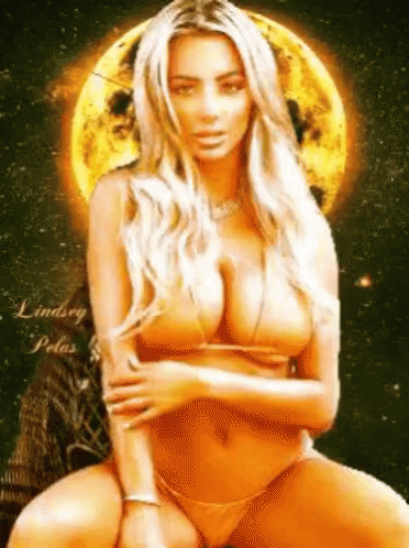 A Woman In A Bikini Is Sitting In Front Of A Full Moon With The Name Lindsey Pelas On The Bottom Right GIF