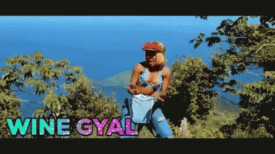 A Woman In A Bikini Is Standing In A Field With The Words Wine Gyal On The Bottom GIF
