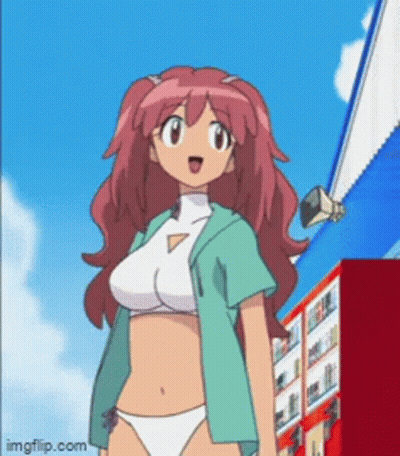 A Woman In A Bikini Is Standing In Front Of A Building . GIF