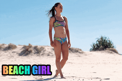 A Woman In A Bikini Is Walking On A Sandy Beach With The Words Beach Girl Below Her GIF
