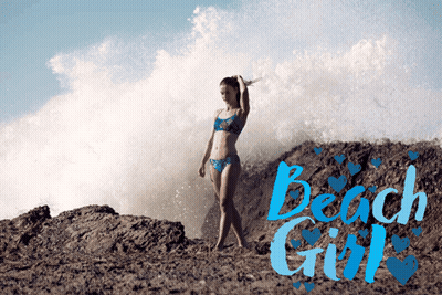 A Woman In A Bikini Stands In Front Of A Wave With The Words Beach Girl Written In Blue GIF