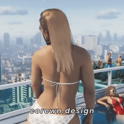 A Woman In A Bikini Stands On A Balcony Overlooking A City With The Words Corewn.design Written Below Her GIF