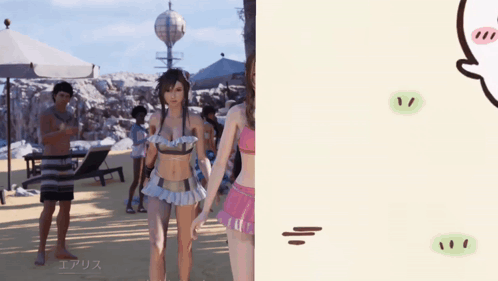 A Woman In A Bikini Stands On A Beach Next To A Man In A Striped Shirt GIF