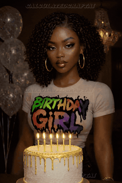 A Woman In A Birthday Girl Shirt Stands In Front Of A Birthday Cake GIF