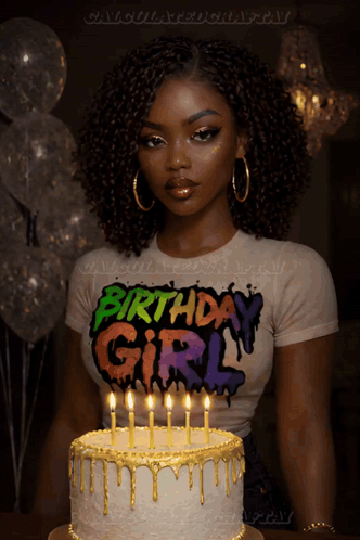 A Woman In A Birthday Girl Shirt Stands In Front Of A Birthday Cake GIF