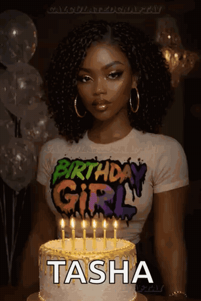A Woman In A Birthday Girl Shirt Stands In Front Of A Birthday Cake With Candles . GIF