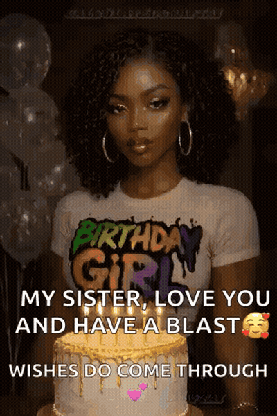 A Woman In A Birthday Girl T-Shirt Is Standing In Front Of A Birthday Cake . GIF