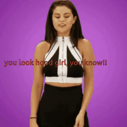 A Woman In A Black And White Crop Top Is Standing In Front Of A Purple Background That Says You Look Hood Girl You Know GIF