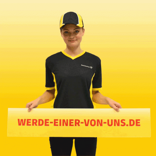 A Woman In A Black And Yellow Shirt Holds A Yellow Sign That Says Werde-Einer-Von-Uns.de GIF