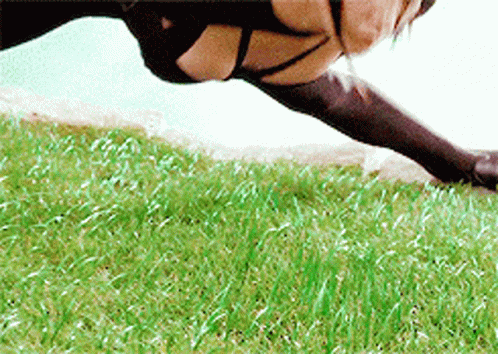 A Woman In A Black Bra And Black Stockings Is Doing Push Ups In The Grass GIF