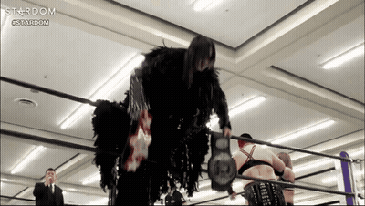 A Woman In A Black Costume Is In A Wrestling Ring Sponsored By Stardom GIF