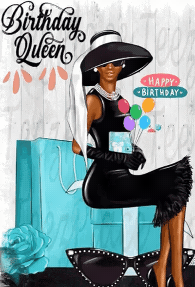 A Woman In A Black Dress And Hat Is Holding Balloons And A Gift While Sitting On A Gift Box GIF