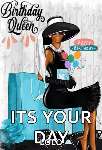 A Woman In A Black Dress And Hat Is Holding Balloons . GIF