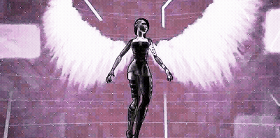 A Woman In A Black Dress And White Wings Is Standing On A Purple Staircase . GIF