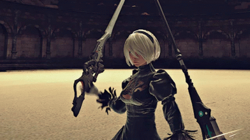 A Woman In A Black Dress Holding A Sword GIF
