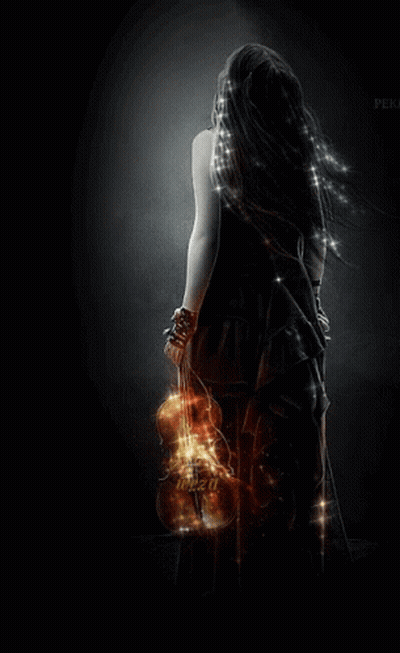 A Woman In A Black Dress Holding A Violin GIF