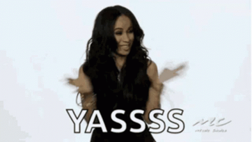 A Woman In A Black Dress Is Dancing With The Word Yasss Written In White Letters GIF