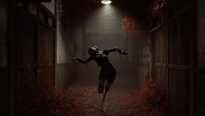 A Woman In A Black Dress Is Flying Through A Dark Hallway With Red Leaves On The Floor GIF