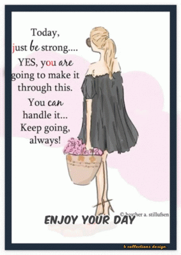 A Woman In A Black Dress Is Holding A Basket Of Flowers And A Quote That Says Enjoy Your Day GIF