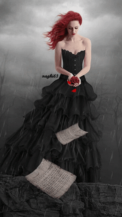 A Woman In A Black Dress Is Holding A Red Rose And A Sheet Of Music In The Rain GIF
