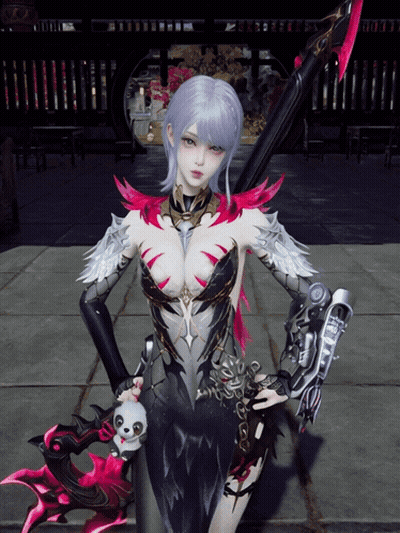 A Woman In A Black Dress Is Holding A Sword And A Panda GIF