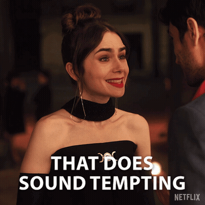 A Woman In A Black Dress Is Smiling Next To A Man And The Words That Does Sound Tempting GIF