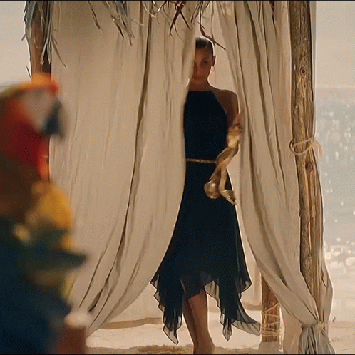 A Woman In A Black Dress Is Standing In A Gazebo On The Beach GIF
