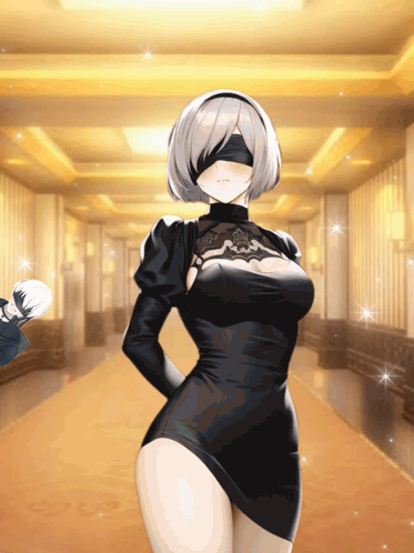 A Woman In A Black Dress Is Standing In A Hallway With A Gold Carpet GIF