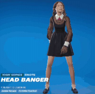 A Woman In A Black Dress Is Standing In Front Of A Blue Background That Says Head Banger On It GIF