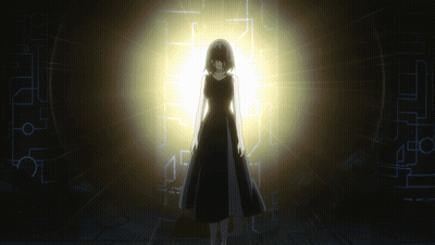 A Woman In A Black Dress Is Standing In Front Of A Light GIF