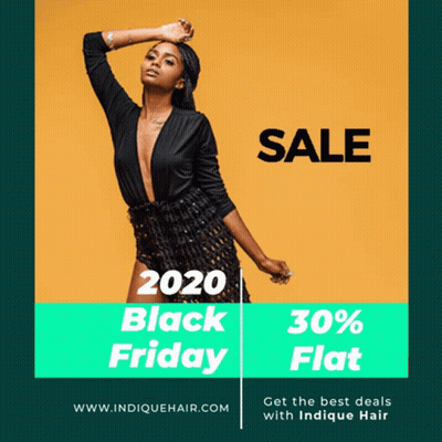 A Woman In A Black Dress Is Standing In Front Of A Yellow Background That Says Sale Sale Sale Black Friday GIF